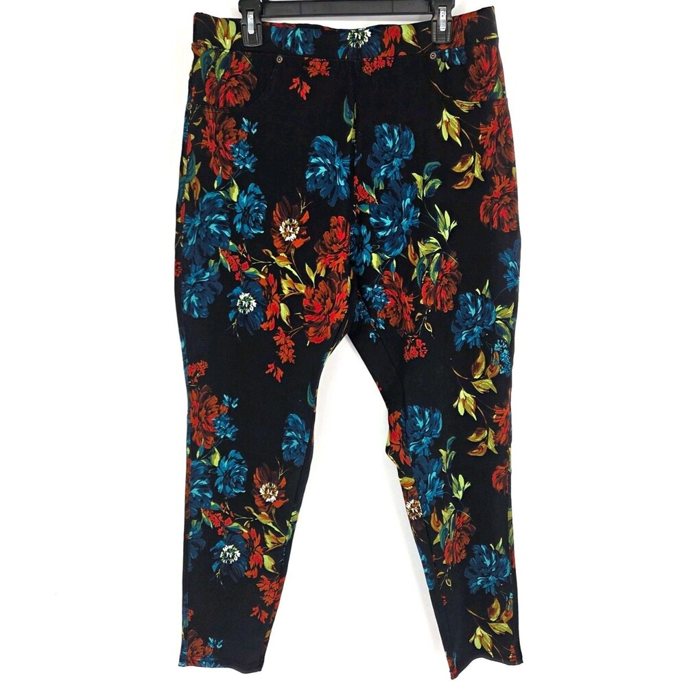 Lildy Womens Printed Jeggings Mid-Rise Floral Black Stretch Pull On Pants 2XL